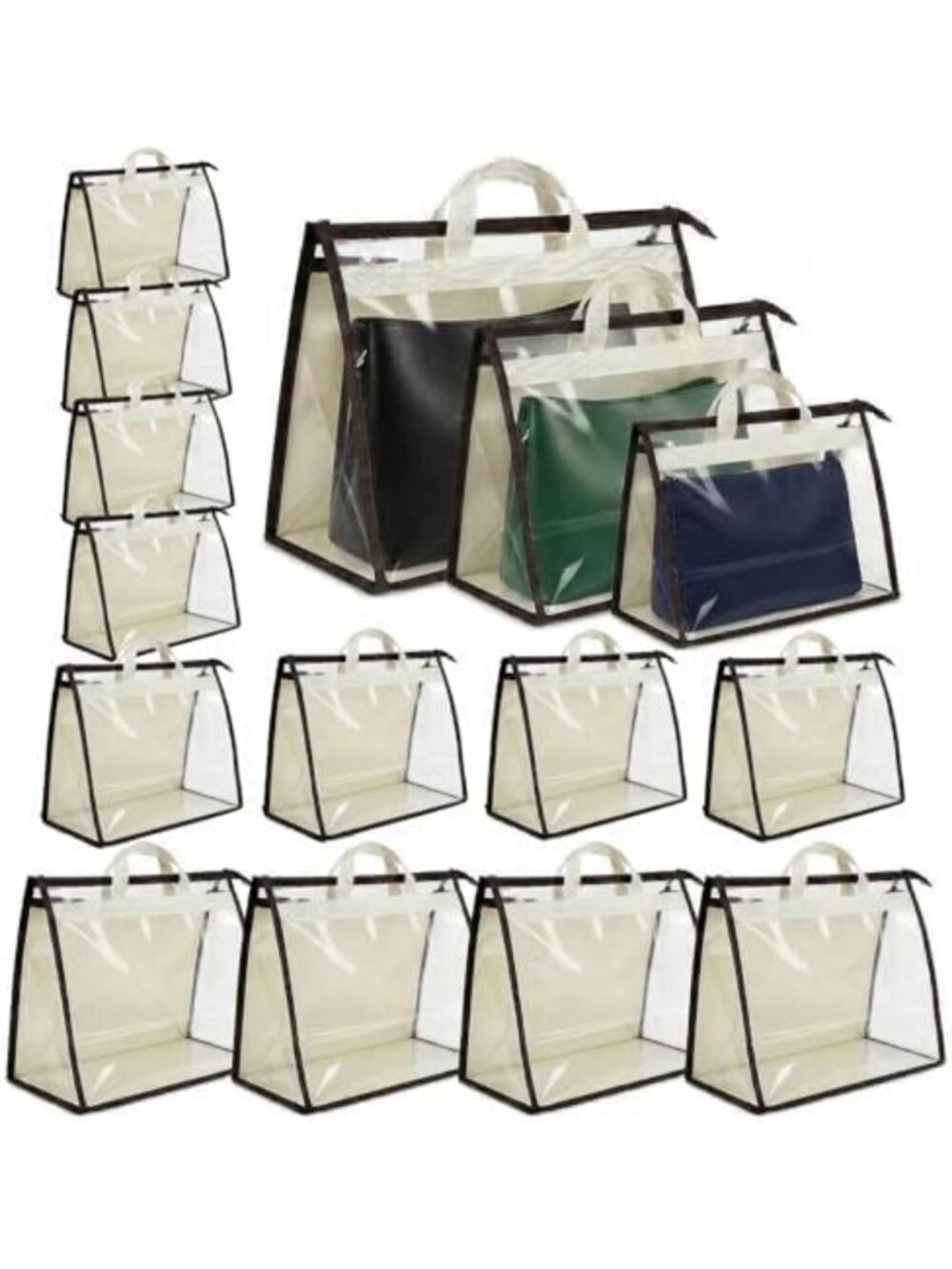 15 Pcs Handbag Dust Bags Set - Beige & Clear, 3 Sizes for Storage & Protection